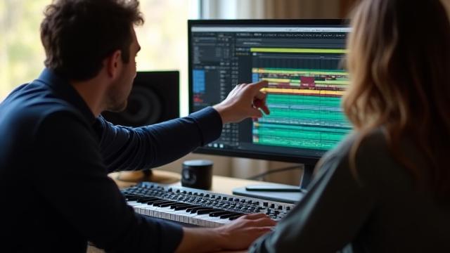 Persona trabajando en una estación de trabajo de audio digital (DAW) como Ableton Live o FL Studio, con un enfoque en el coaching personalizado.